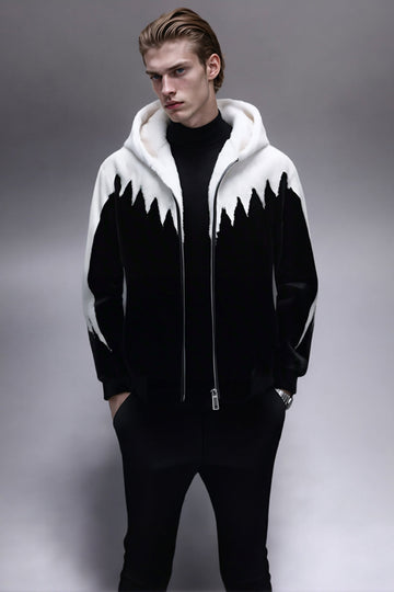 Black and White Faux Fur Zip-Up Hooded Men's Winter Coat